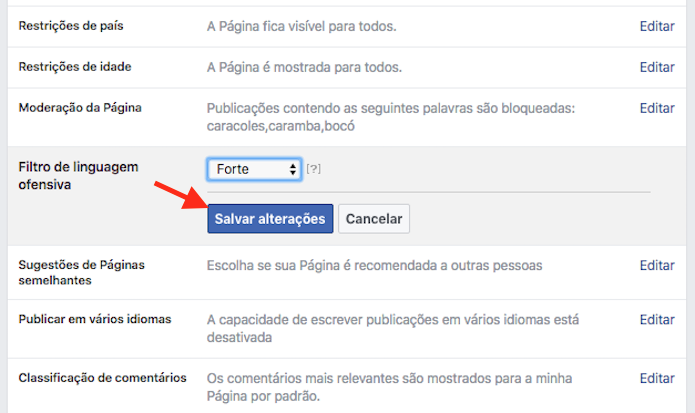 Página de ativação do filtro para conteúdo ofensivo em uma página do Facebook (Foto: Reprodução/Marvin Costa)