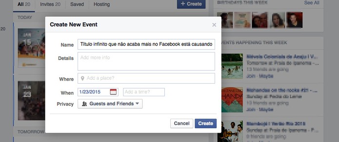 Facebook permite criar evento com título infinito e causa confusão na rede social (Foto: Reprodução/Facebook) Facebook permite criar evento com título infinito e causa confusão na rede social (Foto: Reprodução/Facebook)