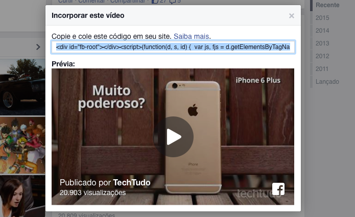 Copie o código e cole no site para incorporar o vídeo (Foto: Reprodução/Helito Bijora)