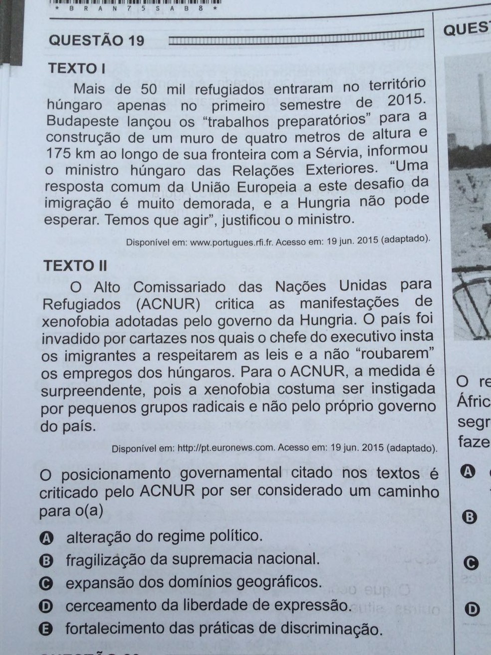  ENEM 2016 - 1º DIA - PROVA BRANCA - QUESTÃO 19 (Foto: G1 )