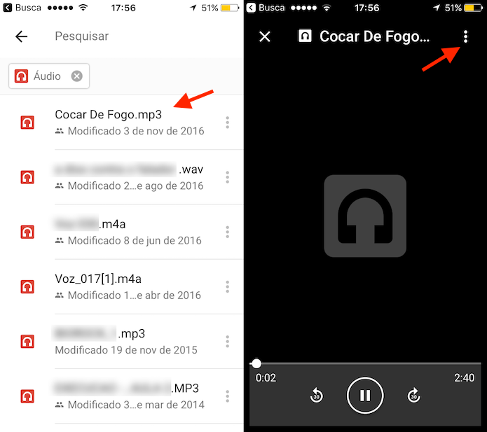 Opções para uma música no Google Drive para iPhone (Foto: Reprodução/Marvin Costa)