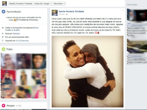 Postagem do vocalista Chiclete Ferreira pretsa homenagem ao dançarino (Foto: Reprodução/Facebook)