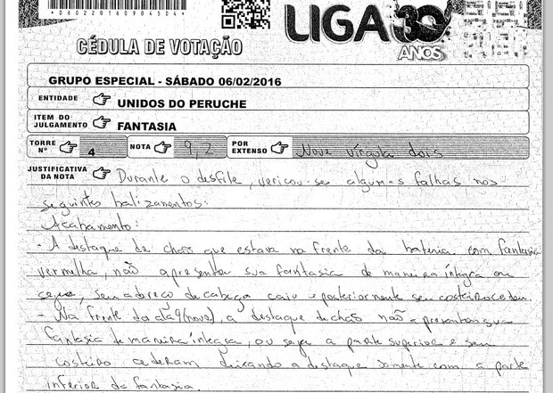 Justificativa da jurada Kledia Salgado (Foto: Reprodução/Liga das Escolas de Samba)