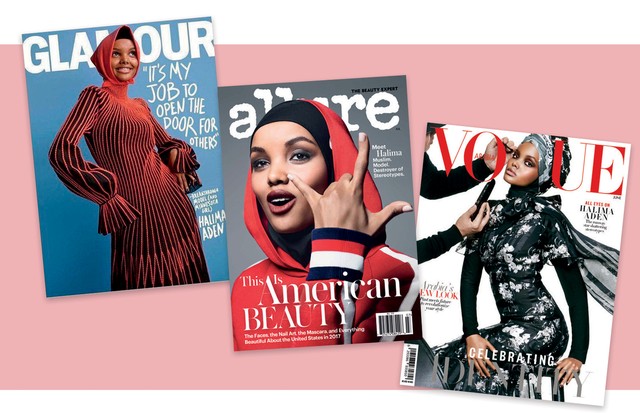 A partir da esquerda, Halima nas capas da Glamour americana de setembro passado, da Allure americana de julho e da Vogue Arábia de junho, algumas de suas conquistas como modelo este ano (Foto: Divulgação)