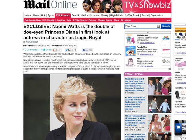 Imagem do site do tabloid 'Daily mail' mostra Naomi Watts caracterizada como a pricesa Diana (Foto: Reprodução)