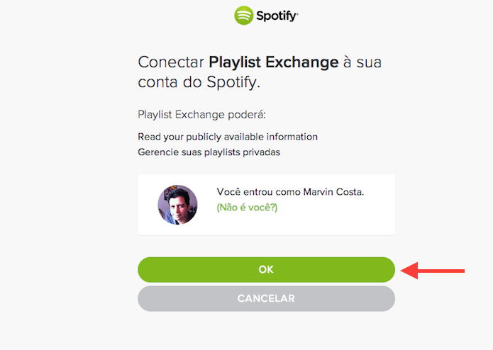 Autorizando o acesso do Playlist Exchance a sua conta do Spotify (Foto: Reprodução/Marvin Costa)