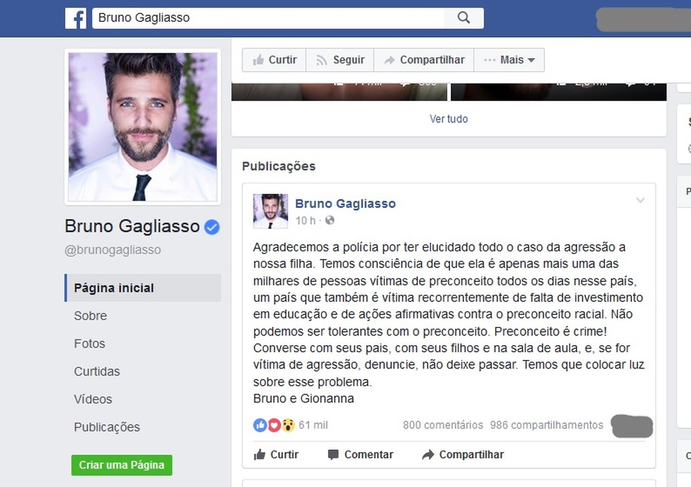 Bruno Gagliasso fez postagem em uma rede social (Foto: Reprodução / Facebook)