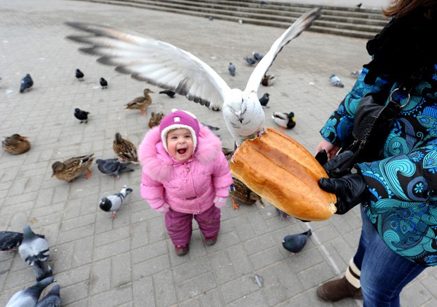 Menina se divertiu alimentando pássaros com a mãe em Minsk, Belarus (Foto: Viktor Drachev/AFP)