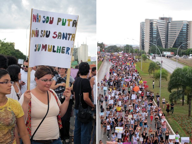 Manifestando durante a Marcha das Vadias no DF, que ocupou todas as faixas da W3 Norte (Foto: Vianey Bentes / TV Globo)