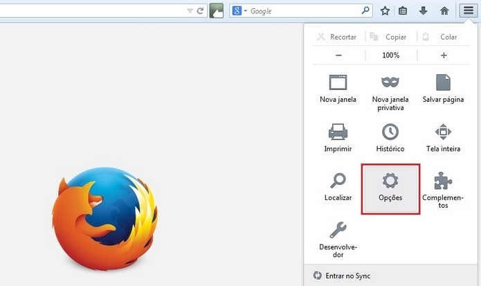 Destaque em vermelho para Opções no menu do Firefox (Foto: Reprodução/Raquel Freire)