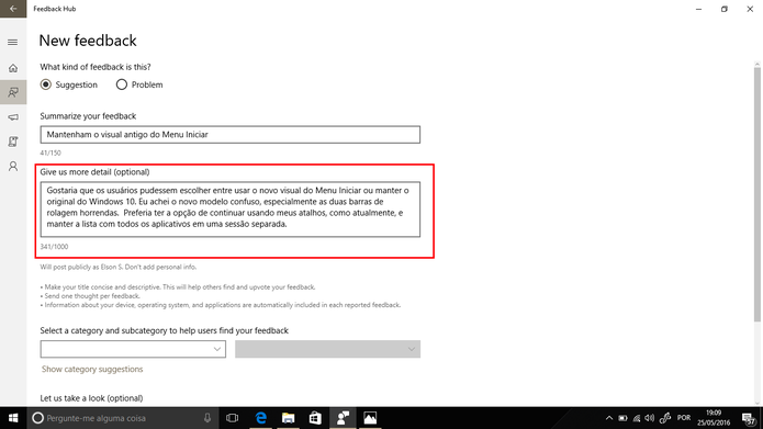 Usuários deve adicionar descrição para que Microsoft e outras pessoas entendam melhor (Foto: Reprodução/Elson de Souza)