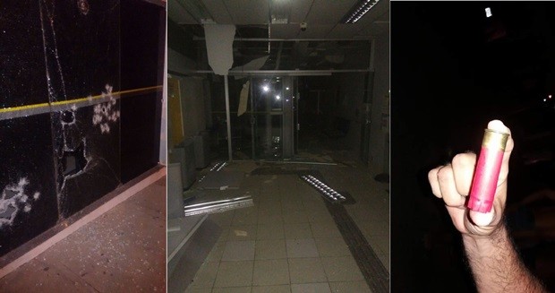 Em Governador Dix-Sept Rosado, além da explosão em um dos terminais, os criminosos também atiraram nas vidraças da agência (Foto: PM/Divulgação)