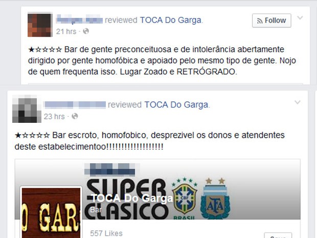 Internautas postaram mensagens criticando atitute em bar de Santos, SP (Foto: Reprodução/Facebook)