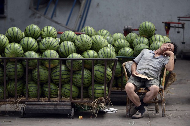 Vendedor parece dormir profundamente ao lado de melancias em mercado de Taiyuan, na provincia de Shanxi (Foto: Joo Woo/Reuters)