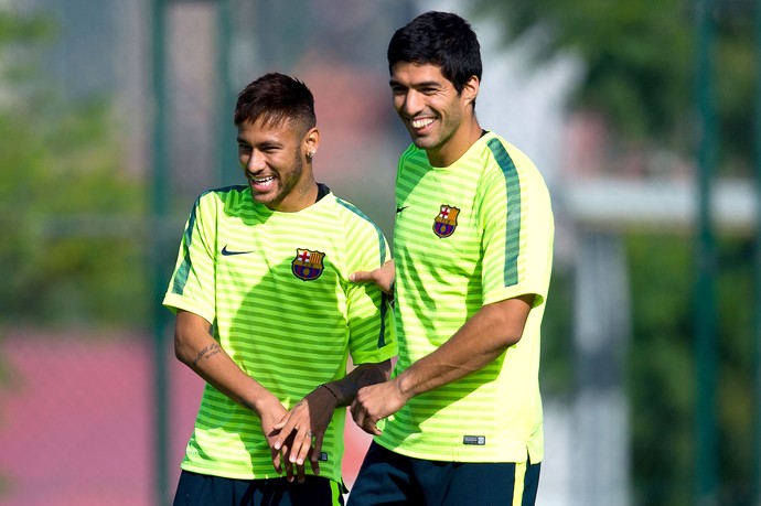 Neymar e Luis Suarez, Treino do Barcelona (Foto: Getty Images)