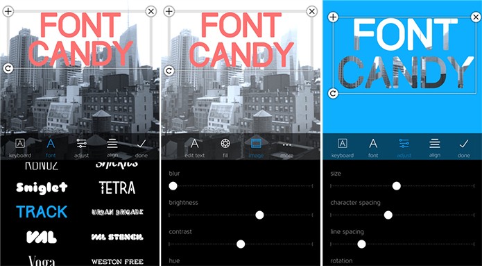 Font Candy é capaz de inserir textos na sua imagem e também transformar fotos em letras (Foto: Divulgação/Windows Phone Store)