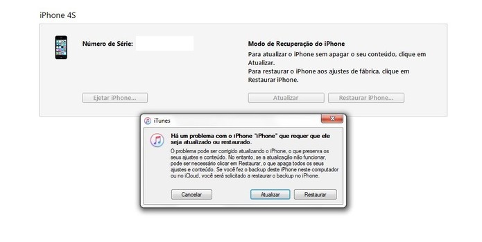 A mensagem do iPhone em modo de recuperação aparece no iTunes (Foto: Reprodução/Caio Bersot) A mensagem do iPhone em modo de recuperação aparece no iTunes (Foto: Reprodução/Caio Bersot)