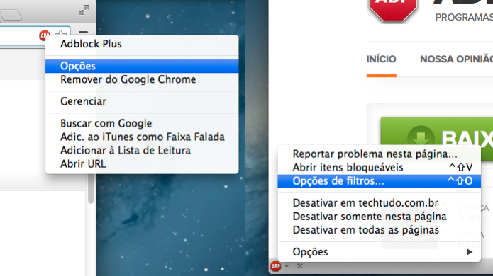 Acessando configurações da extensão AdBlock Plus (Foto: Reprodução/Helito Bijora) Acessando configurações da extensão AdBlock Plus (Foto: Reprodução/Helito Bijora)