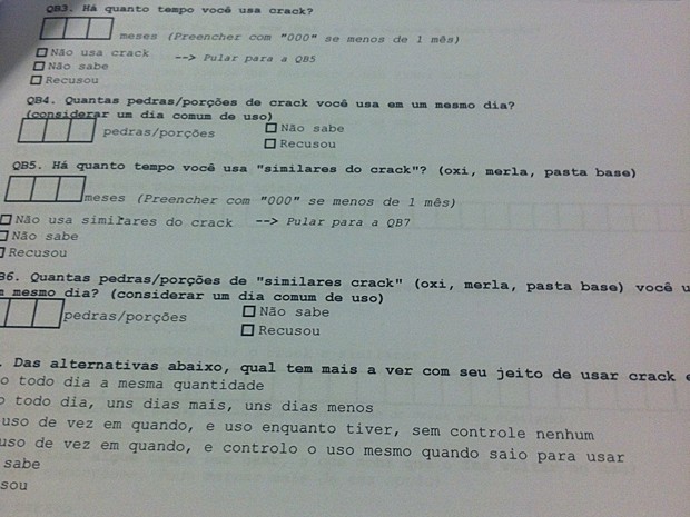 Exemplos de perguntas usadas na pesquisa direta sobre o perfil dos usuários de crack (Foto: Rafaela Céo/G1)