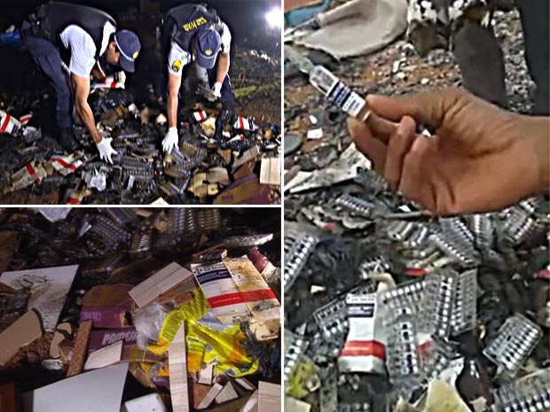 Medicamentos encontrados em lixão no P Sul, em Ceilândia (Foto: TV Globo/Reprodução)