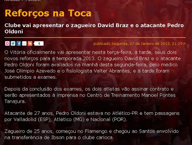 vitoria anuncia pedro oldoni (Foto: Reprodução/Site oficial do EC Vitória)