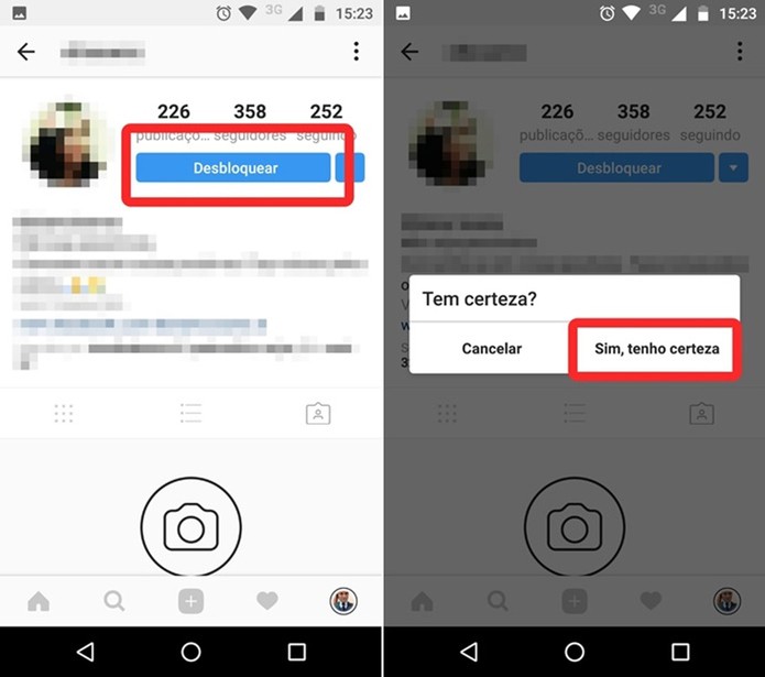 Desbloqueando um usuário no Instagram (Foto: Reprodução/Felipe Alencar) Desbloqueando um usuário no Instagram (Foto: Reprodução/Felipe Alencar)