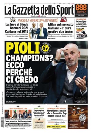 Capa do jornal Gazzetta dello Sport com entrevista de Pioli, técnico do Internazionale (Foto: Reprodução)