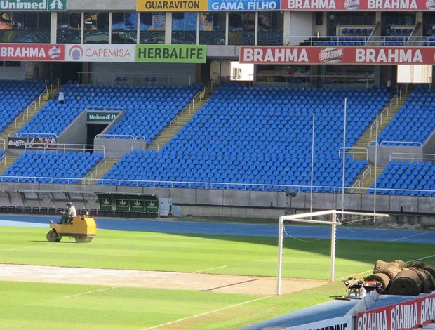 Gramado sendo trocado no Engenhão  (Foto: Thales Soares / globoesporte.com)