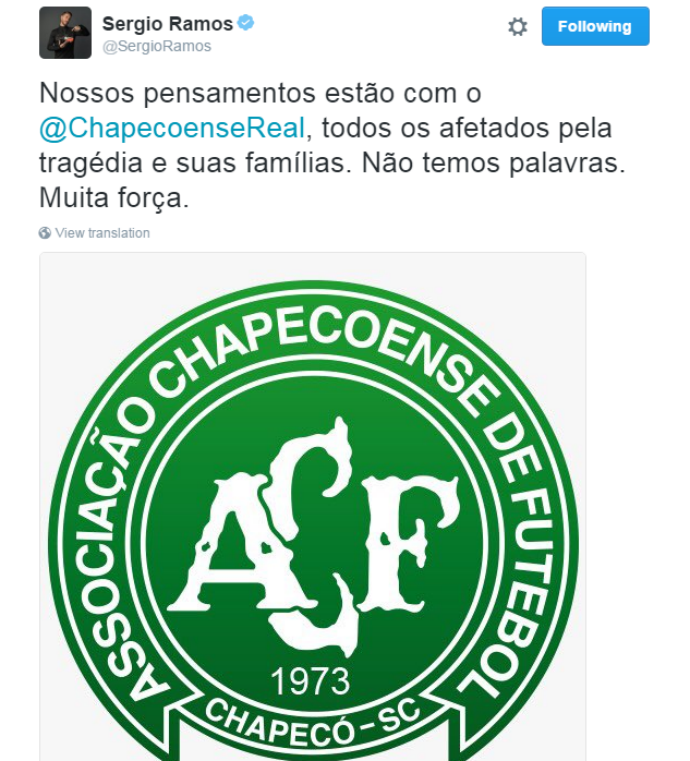 sergio ramos lamenta acidente da chapecoense (Foto: Reprodução Twitter)