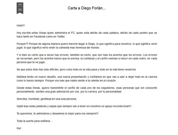 carta Diego Forlán site  (Foto: Reprodução)