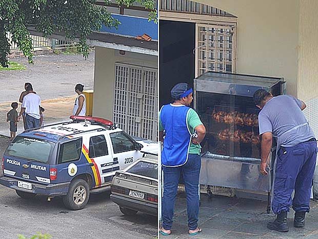 Policial militar ainda com parte da farda prepara frango em máquina de assar no Lúcio Costa; à direita, carro da PM com que ele chegou ao local (Foto: VC no G1/Divulgação)