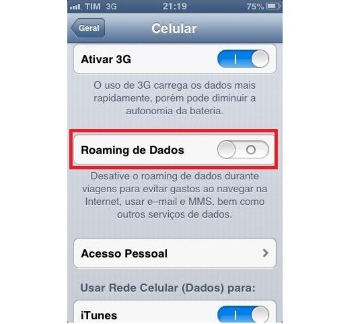 Desativando o roaming de dados do iPhone (Foto: Reprodução/Lívia Dâmaso)