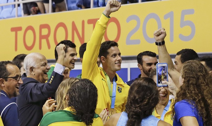 Thiago Pereira se torna o atleta com mais medalhas em Pan-Americanos (Foto: AP Photo/Mark Humphrey) Thiago Pereira se torna o atleta com mais medalhas em Pan-Americanos (Foto: AP Photo/Mark Humphrey)