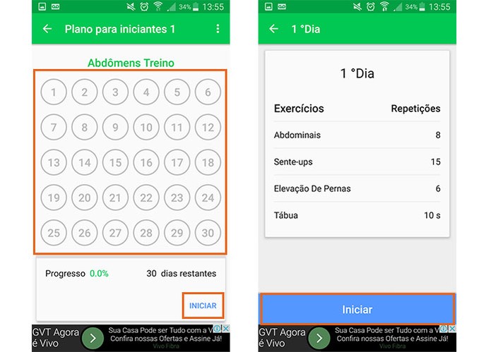 Inicie a sequência de exercícios no app fitness (Foto: Reprodução/Barbara Mannara)