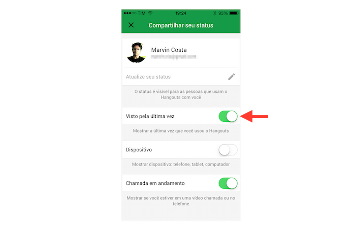 Desativando o status Visto pela última vez no Hangouts para iOS (Foto: Reprodução/Marvin Costa)