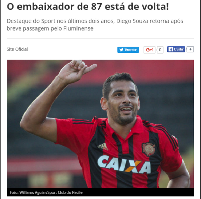 Sport confirma retorno de Diego Souza em site oficial (Foto: Reprodução/Site oficial Sport)