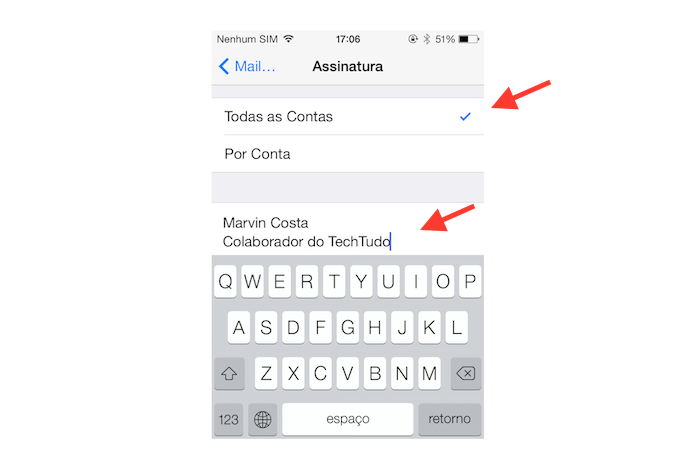 Definindo uma assinatura para todas as contas de e-mail vinculadas ao Mail do iOS (Foto: Reprodução/Marvin Costa)