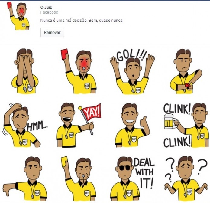 Com desenhos de um juiz carismático e atrapalhado, o Facebook contribuiu com mais uma coleção inspirada na Copa do Mundo (Foto: Reprodução/Loja de Figurinhas/Facebook).