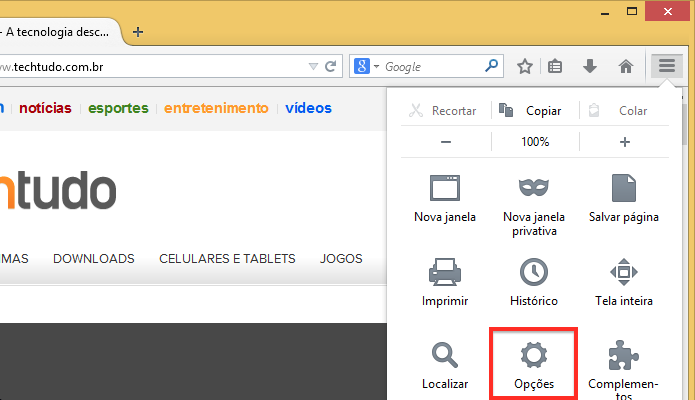 Acessando as configurações do Firefox (Foto: Reprodução/Helito Bijora)