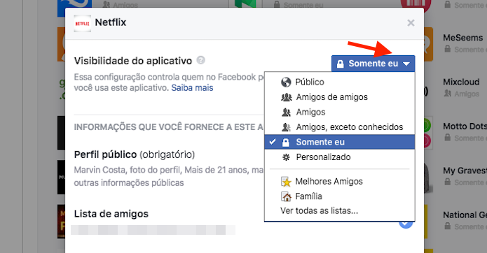 Definição da visibilidade de um aplicativo vinculado ao Facebook (Foto: Reprodução/Marvin Costa)