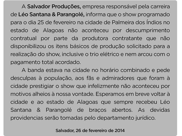 Banda publicou um comunicado no Facebook sobre o cancelamento do show. (Foto: Divulgação)