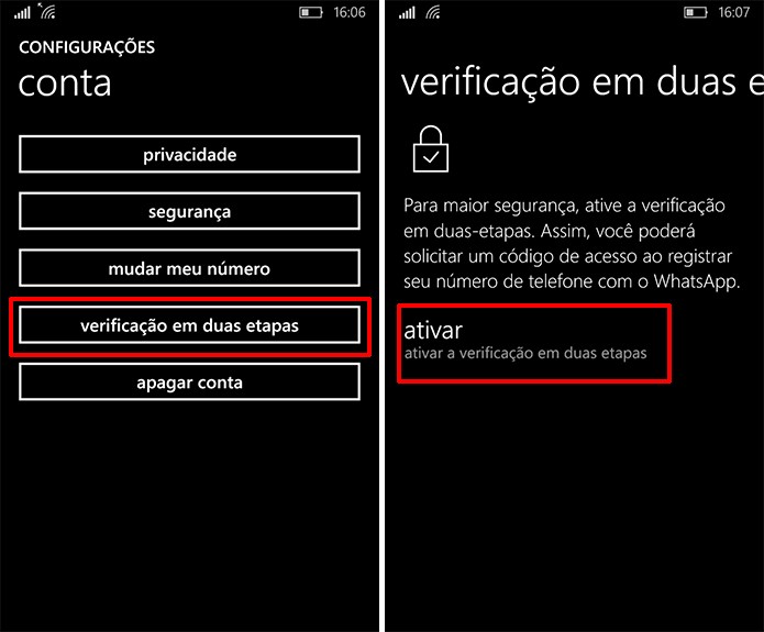 Toque para ativar a verificação em duas etapas do WhatsApp no Windows Phone (Foto: Reprodução/Elson de Souza)