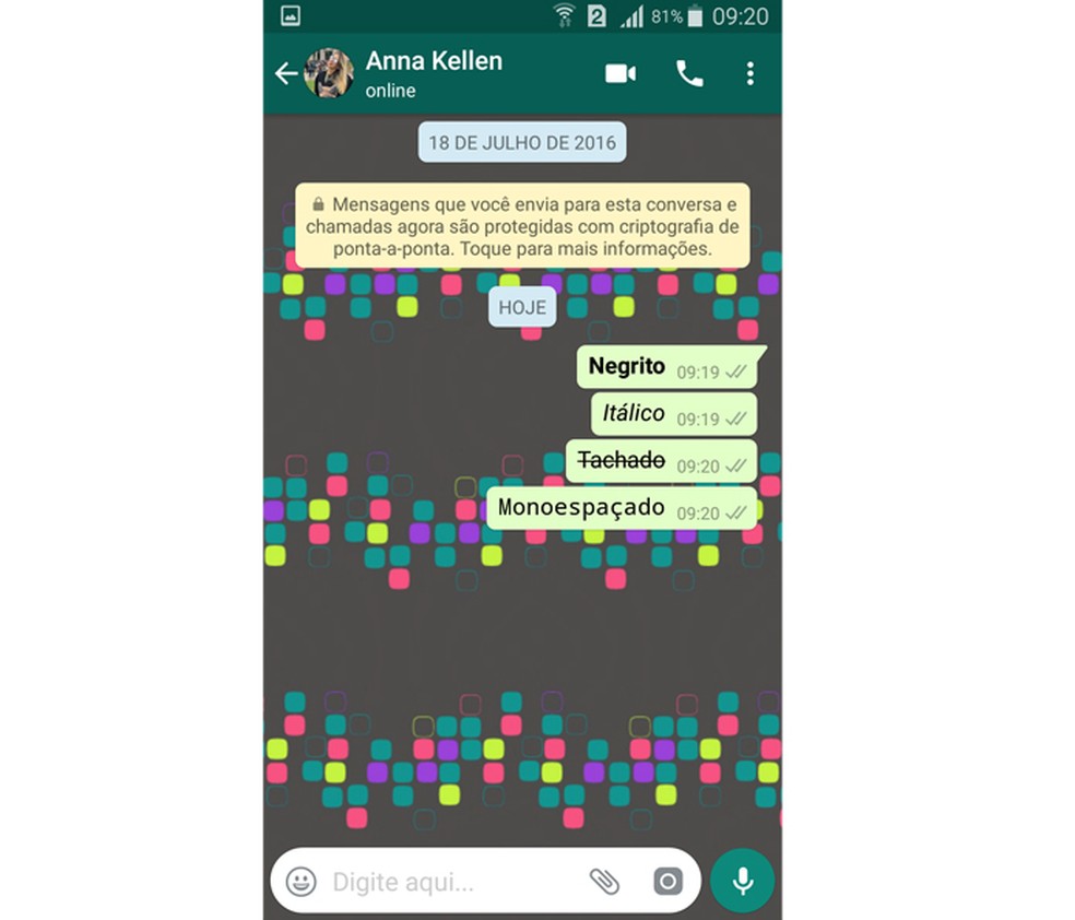 WhatsApp possui quatro estilos de formatação de texto (Foto: Reprodução/Aline Batista)
