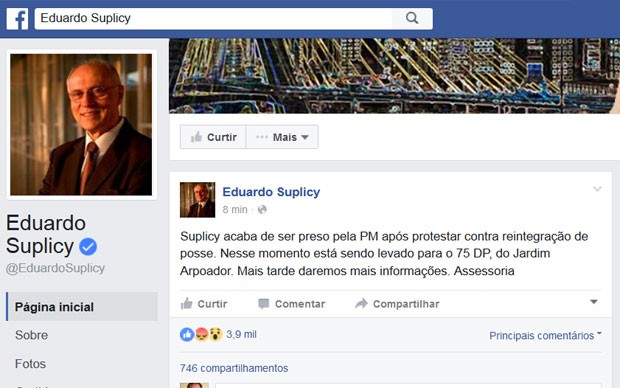 Assessoria de Eduardo Suplicy postou a prisão do ex-senador em sua página no Facebook (Foto: Reprodução/Facebook/Eduardo Suplicy)