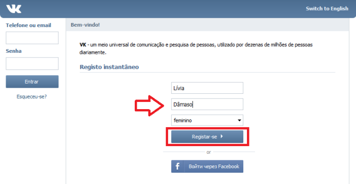 Registrando um perfil no VK (Foto: Reprodução/Lívia Dâmaso)
