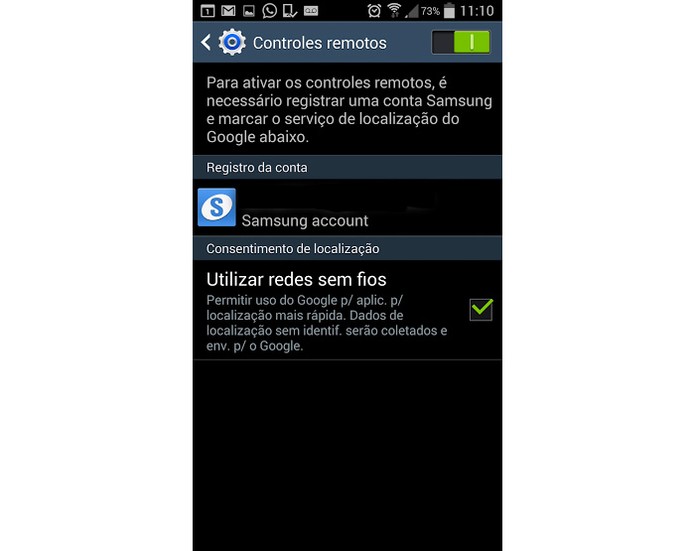 Opção "Controles Remotos" do Galaxy S4 ativada (Foto: Reprodução) Opção "Controles Remotos" do Galaxy S4 ativada (Foto: Reprodução)