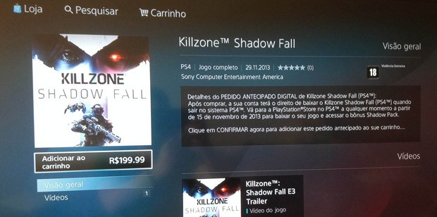 'Killzone', outro jogo de PS4 anunciado por R$ 180, custa R$ 200 na pré-venda da SonyG (Foto: Gustavo Petró/G1)