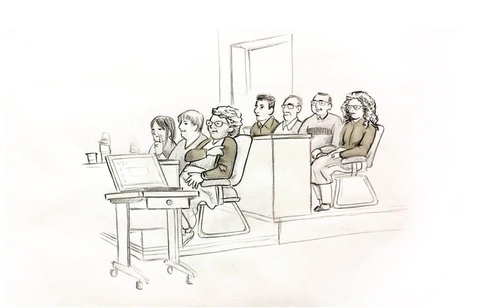 Ilustração mostra o júri de Elize Matsunaga formado por quatro mulheres e três homens (Foto: Roberta Jaworski/Editoria de Arte/G1)