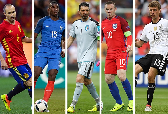 MONTAGEM - Müller (Alemanha), Buffon (Itália), Iniesta (Espanha), Pogba (França) e Rooney (Inglaterra). (Foto: Editoria de Arte)