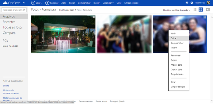 Arquivos do OneDrive também podem ser baixados através de atalhos como na interface do Windows (Foto: Reprodução/Elson de Souza)
